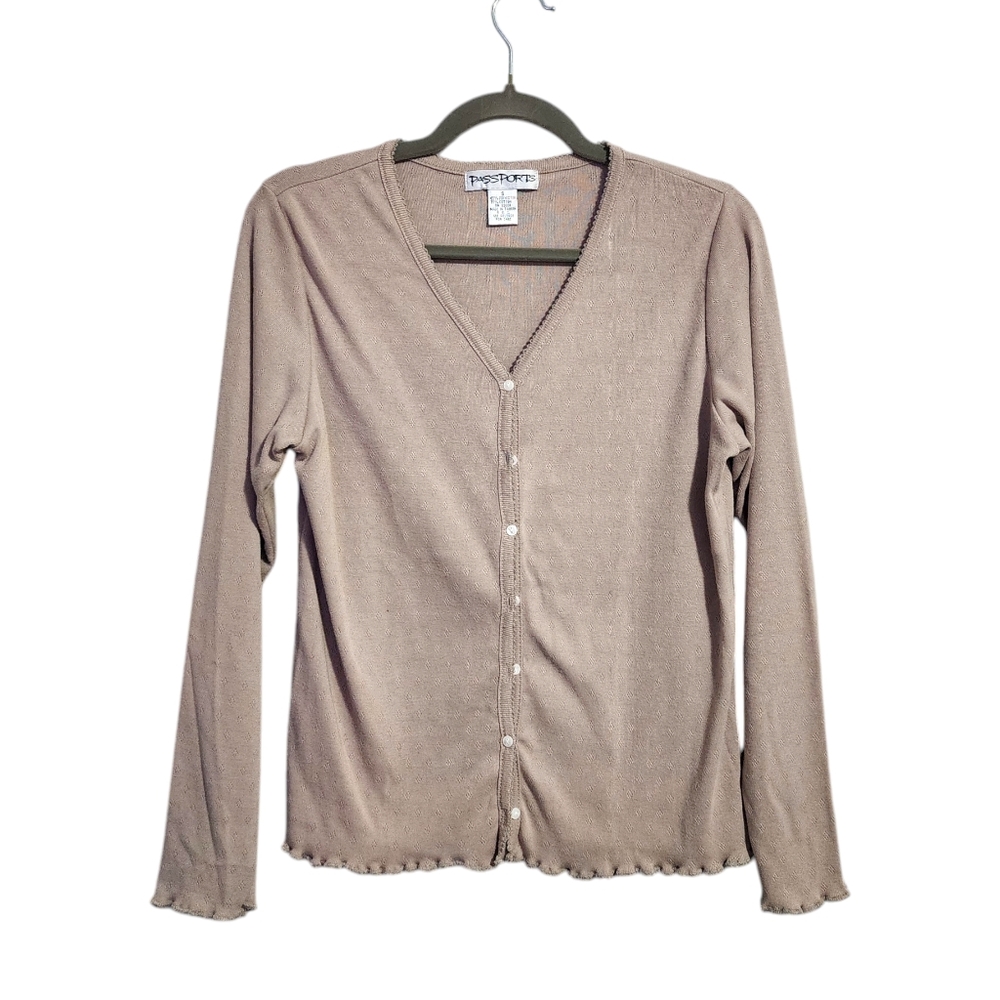 PASSPORTS‎ Vintage 90s Button Front Cardigan Floral Cutout Lettuce Hem Nude S